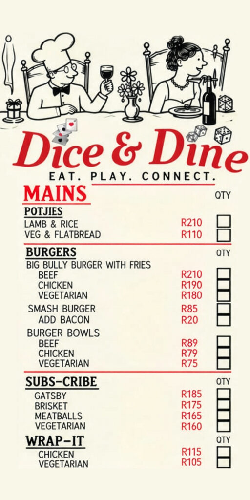Dice and Dine Menu